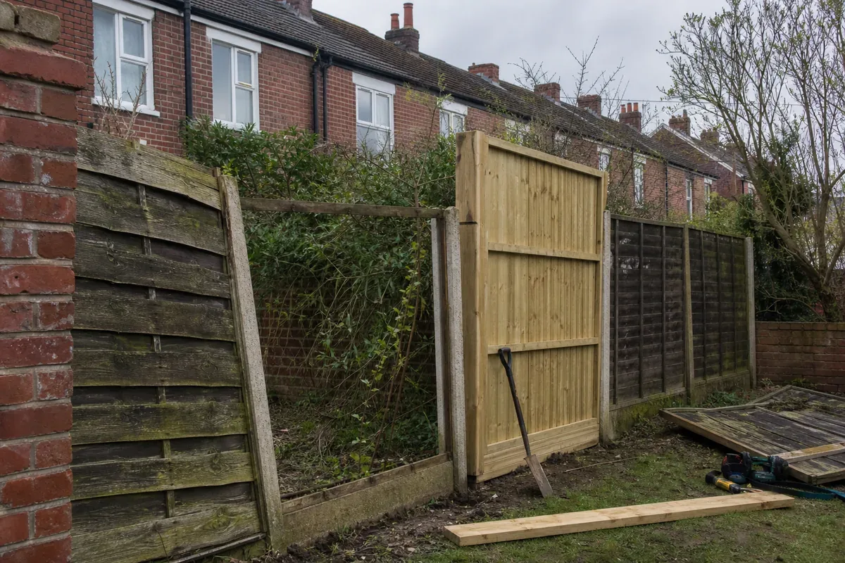 Damaged garden fence being repaired in Stockport